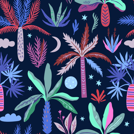 Seamless pattern with doodle palm trees moon and stars. Print with exotic mystical trees. Vector illustration.のイラスト素材