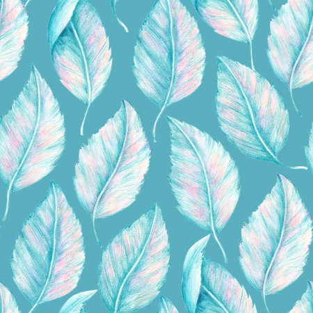 Seamless pattern with hand-drawn blue abstract leaves in various position.の写真素材
