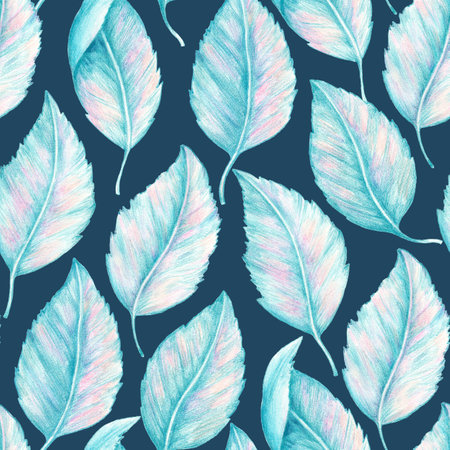 Seamless pattern with hand-drawn blue abstract leaves in various position.の写真素材