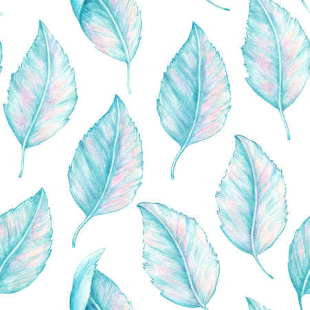 Seamless pattern with hand-drawn blue abstract leaves in various position.の写真素材