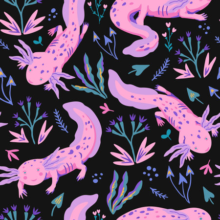 Hand-drawn seamless pattern with doodle axolotles and plants. Cute vector illustration in modern style in delicate pastel colors.のイラスト素材