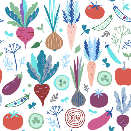 Seamless pattern with colorful doodle vegetables. Cute modern trendy vector illustration.のイラスト素材