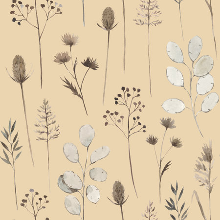 Seamless pattern with dry plants. Watercolor realistic hand-drawn print for design and textileの写真素材