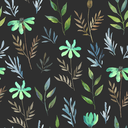 Watercolor seamless pattern with simple delicate plants and flowers. Hand drawn artistic print for design and textile.の写真素材