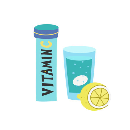 Effervescent soluble tablet pills whit vitamin C. Hand-drawn vector illustration isolated on white backgroundのイラスト素材