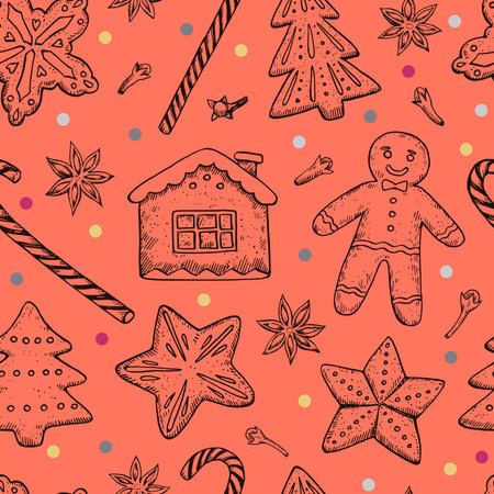 Seamless pattern with Christmas and New year cookies, candies and spices. Hand-drawn vector illustration.のイラスト素材