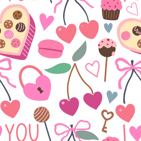 Seamless pattern with coquette cherry and bows. Heart-shaped berries with ribbons. Romantic trendy hand-drawn vector illustration.のイラスト素材