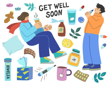 Sick woman and man with cold and flu. Drugs and medical plants. Colorful vector illustrationのイラスト素材