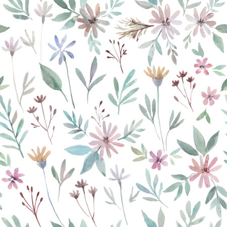 Cute delicate floral pattern with pink flowers and plants.Hand-drawn watercolor illustrationの写真素材