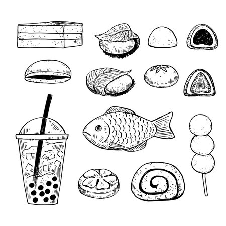 Traditional asian desserts, dango, taiyaki, mochi and bubble tea in black and white style. Ink hand-drawn illustrationのイラスト素材