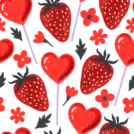 Valentine seamless pattern with red strawberries, flowers and herat-shaped lollypops. Vector illustrationのイラスト素材
