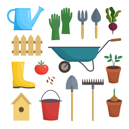 Set of gardening tools and equipment. Vector design elements isolated on white background.のイラスト素材