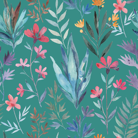 Seamless pattern with wild cute elegant abstract flowers. Watercolor hand-drawn illustration.の写真素材