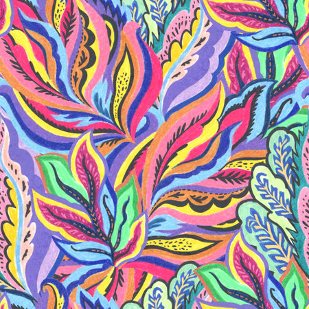 Colorful psychedelic seamless pattern with abstract ornamental floral. Hand-drawn print in traditional media.の写真素材