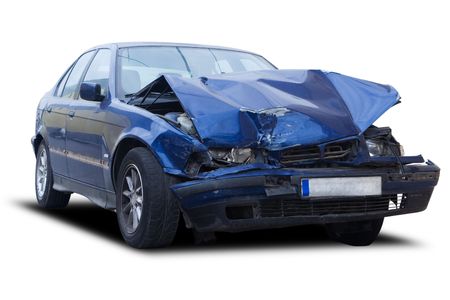 A blue wrecked car isolated on whiteの写真素材