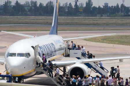 VALENCIA, SPAIN - JUNE 3: Ryanair, an Irish airline,  will charge 20 euros ($24.40) each way for the first checked bag in July and August, up from 15 euros ($18.30) during other times of the year.  A Ryanair Aircraft on June 3, 2010 in Valencia, Spain.のeditorial素材