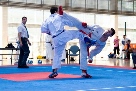 VALENCIA, SPAIN - JUNE 12: Contestants participating in the Karate Competition of the 2010 European Police and Fire Games (EUROPOLYB) in Valencia, Spain on June 12, 2010. のeditorial素材