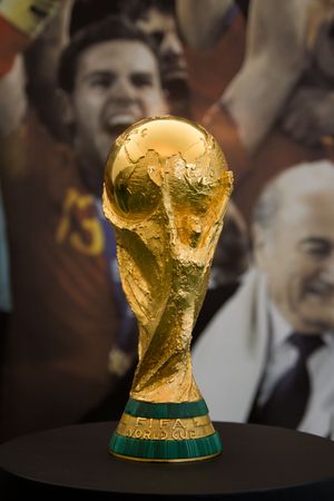 VALENCIA, SPAIN - SEPT 27: The World Cup Trophy, won by Spain in South Africa in July 2010, is on public display in the Principe Felipe Museum on on September 27, 2010 in Valencia, Spain.のeditorial素材
