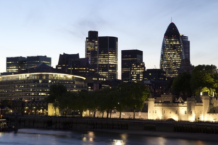 LONDON - MAY 31: Central business district skyline on May 31, 2011 in London England. The London business district is one of the worlds main financial centers with the 40 story Gerkin building on the right of image.のeditorial素材