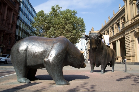 FRANKFURT, GERMANY - AUG 22: The Bull and Bear Statues at the Frankfurt Stock Exchange on August 22, 2012 in Frankfurt, Germany. The Frankfurt Stock Exchange is the worldÂ´s 12th largest exchange by market capitalization.のeditorial素材