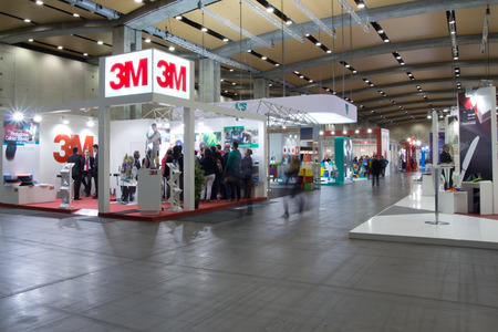 VALENCIA, SPAIN - FEBRUARY 5, 2014: The 3M booth at the Hygienalia Pulire Cleaning and Hygiene...