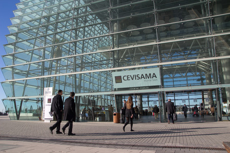 VALENCIA, SPAIN - FEBRUARY 12, 2014: People entering the Feria Valencia Convention and Exhibition Center for the 2014 Feria Habitat Valencia Trade Fair. のeditorial素材