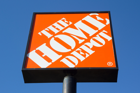 JACKSONVILLE, FL-MARCH 8, 2014: A Home Depot sign in Jacksonville. The Home Depot is the largest home improvement retailer in the United States, ahead of rival Lowe's.のeditorial素材