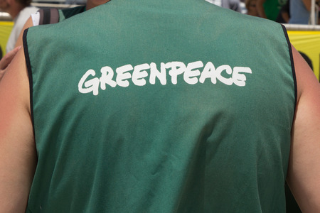 VALENCIA, SPAIN - JUNE 10, 2014: A crew member from Greenpeace's vessel the "Rainbow Warrior" at the Port of Valencia. Greenpeace is a nongovernmental environmental organization with offices in over 40 countries.のeditorial素材