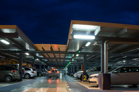 VALENCIA, SPAIN - JUNE 25, 2014: Inside the parking garage at the Valencia airport.  Situated 8 km...
