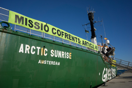 VALENCIA, SPAIN - DECEMBER 5, 2014: Greenpeace's vessel the "Arctic Sunrise" at the Port of Valencia. Greenpeace is a nongovernmental environmental organization with offices in over 40 countries.のeditorial素材