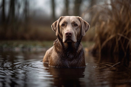 Protrait of a Labrador Retriever in the Water Hunting in the Woods, Generative AIの素材