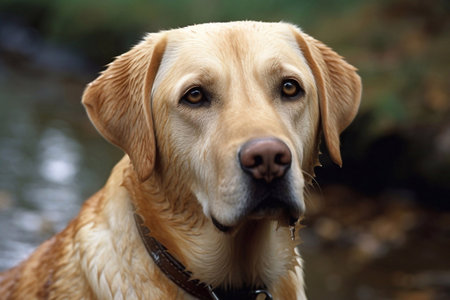 Outside Protrait of a Yellow Labrador Retriever with Collar, Generative AIの素材