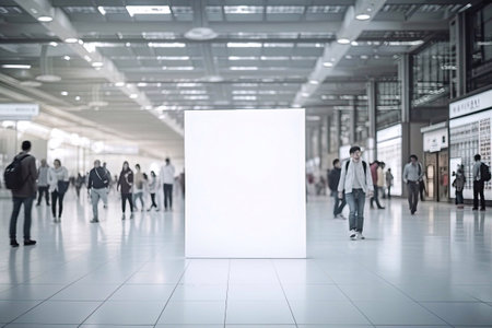 An Empty Advertisement Board Space with Copy Space Area Located Inside a Public Shopping Center or Business Center with People Walking in Blur Motion, Generative AIの素材