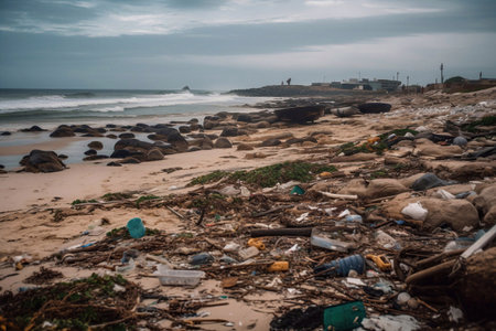 A beach with plastic bottles, rubbish, garbage and other plastic waste, Generative AIの素材