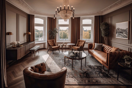 A Luxurious 5-star Hotel Suite in Europe with High Quality Furniture such as a Leather Sofa, Writing Desk, Table, Coffee Table, Arm Chairs, Area Rug, Artwork on the Wall, and Large Windows that provides Natural Light and Stunning Views of the Country, Generative AIの素材