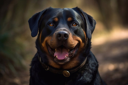 Portrait Headshot of a Happy Rottweiler Outside in the Woods, Generative AIの素材