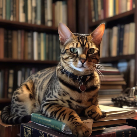 Bengal Cat Surrounded by Many Books, Generative AIの素材