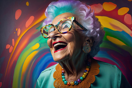 Colorful Happy Energetic Senior Citizen Lady on Colorful Background, Generative AIの素材