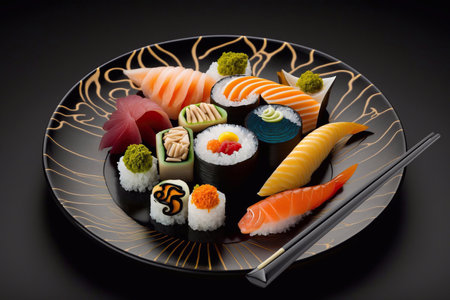 A Plate with Chopsticks Full of Different Types of Delicious Sushi, Generative AIの素材
