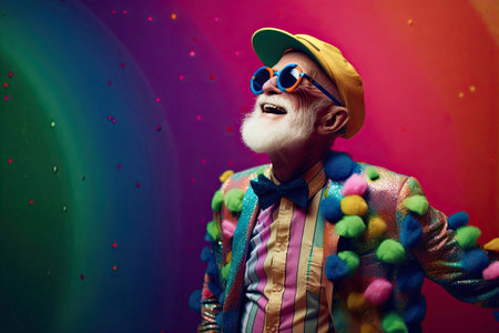 Colorful Happy Energetic Senior Citizen Old Man on Colorful Background, Generative AIの素材