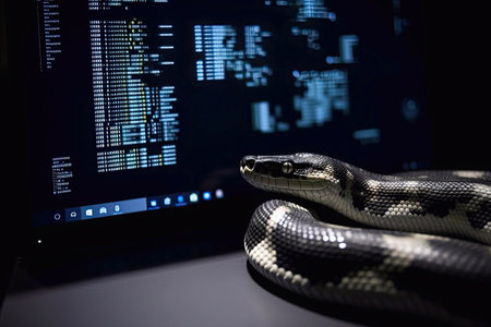 Python Programming Language, A Python Snake Looking at Lines of Code on a Computer Screen, Generative AIの素材