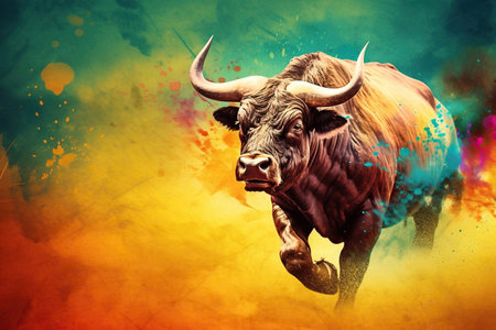 Angry Charging Bull on Colorful Red, Yellow, Green Background, Generative AIの素材