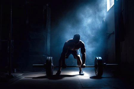 Silhouette of a Man in the Gym Doing Powerlifting or Crossfit Training with Blue Backlight and Smoke in the Background, Generative AIの素材