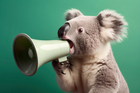 Koala with Megaphone to His Mouth Trying to Speak Out, Generative AIの素材