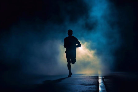 Silhouette of a Runner Running on the Road at Night, Generative AIの素材