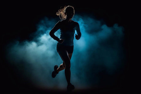 Silhouette of a Woman Runner Running with Backlight and Smoke, Generative AIの素材