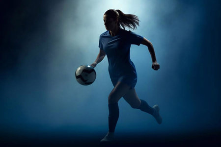 Silhouette of a Woman Playing Soccer with Soccer Ball and Backlight, Generative AIの素材