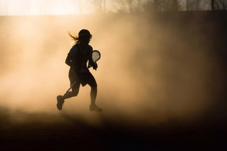 Silhouette of a Woman Lacrosse Player Running on the Lacrosse Field with Brown Backlight, Generative AIの素材