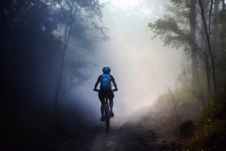 Woman Mountain Biking on a Trail in Early Morning with Mist and Blue Backlight, Generative AIの素材