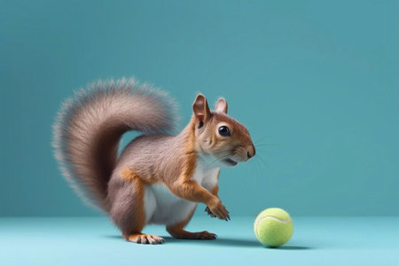 Squirrel with a Tennis Ball on Light Blue Background, Generative AIの素材